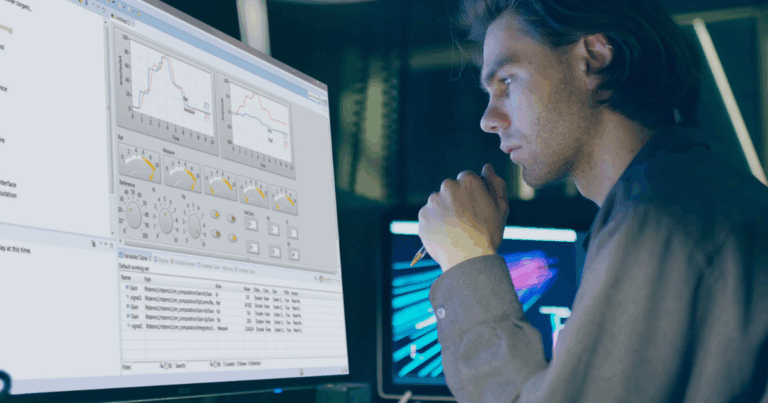 Engineer reviewing SimPowerSystems software interface on a monitor for real-time power system simulation.